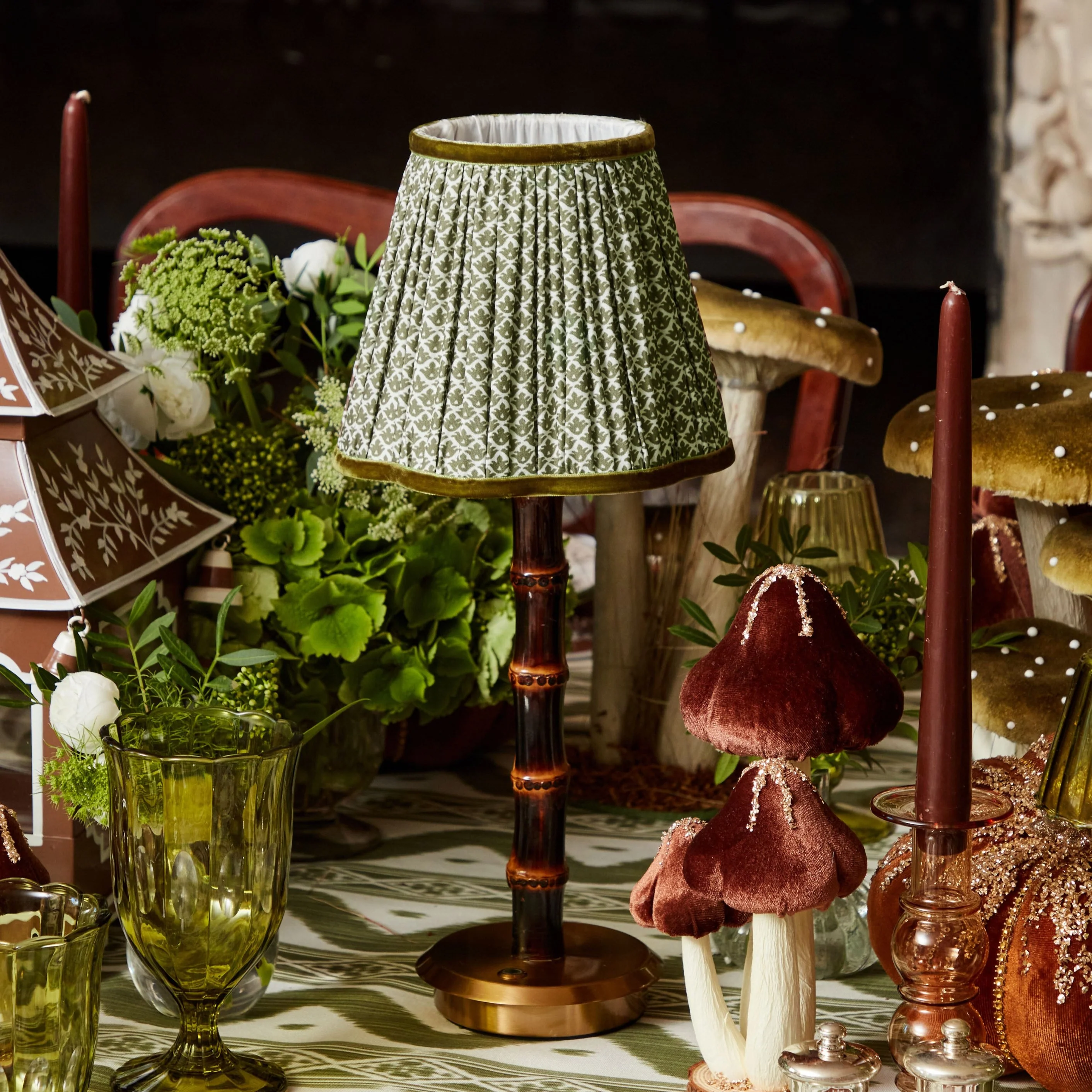 Burnt Bamboo Rechargeable Lamp with Olive Lotus Shade (18cm) - Image 4