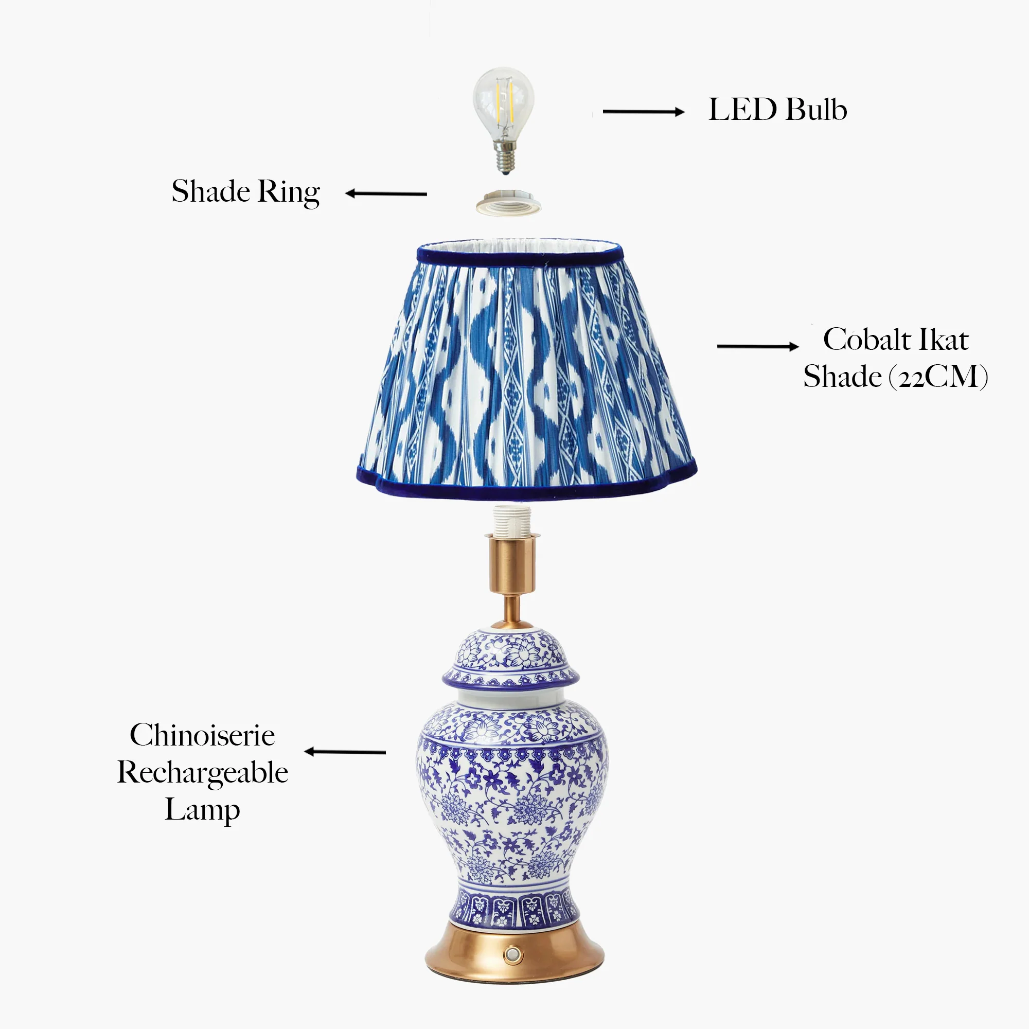 Chinoiserie Rechargeable Lamp & Cobalt Ikat Shade (22cm) - Image 13