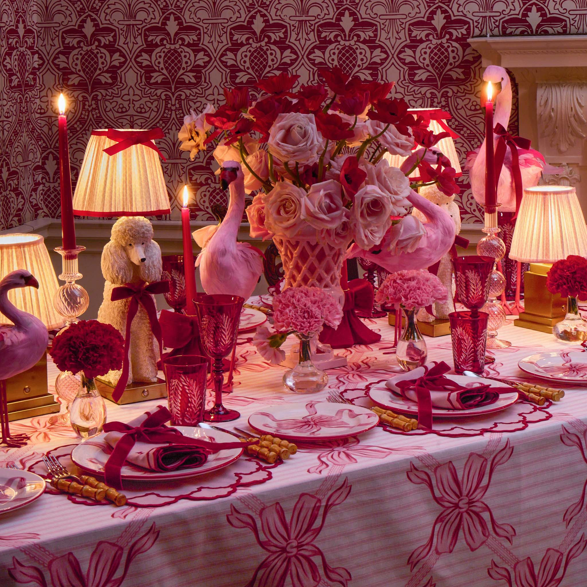 Red Ribboned Fifi Poodle Rechargeable Lamp with Pink & Red Lotus Bow Shade (18cm) - Image 7