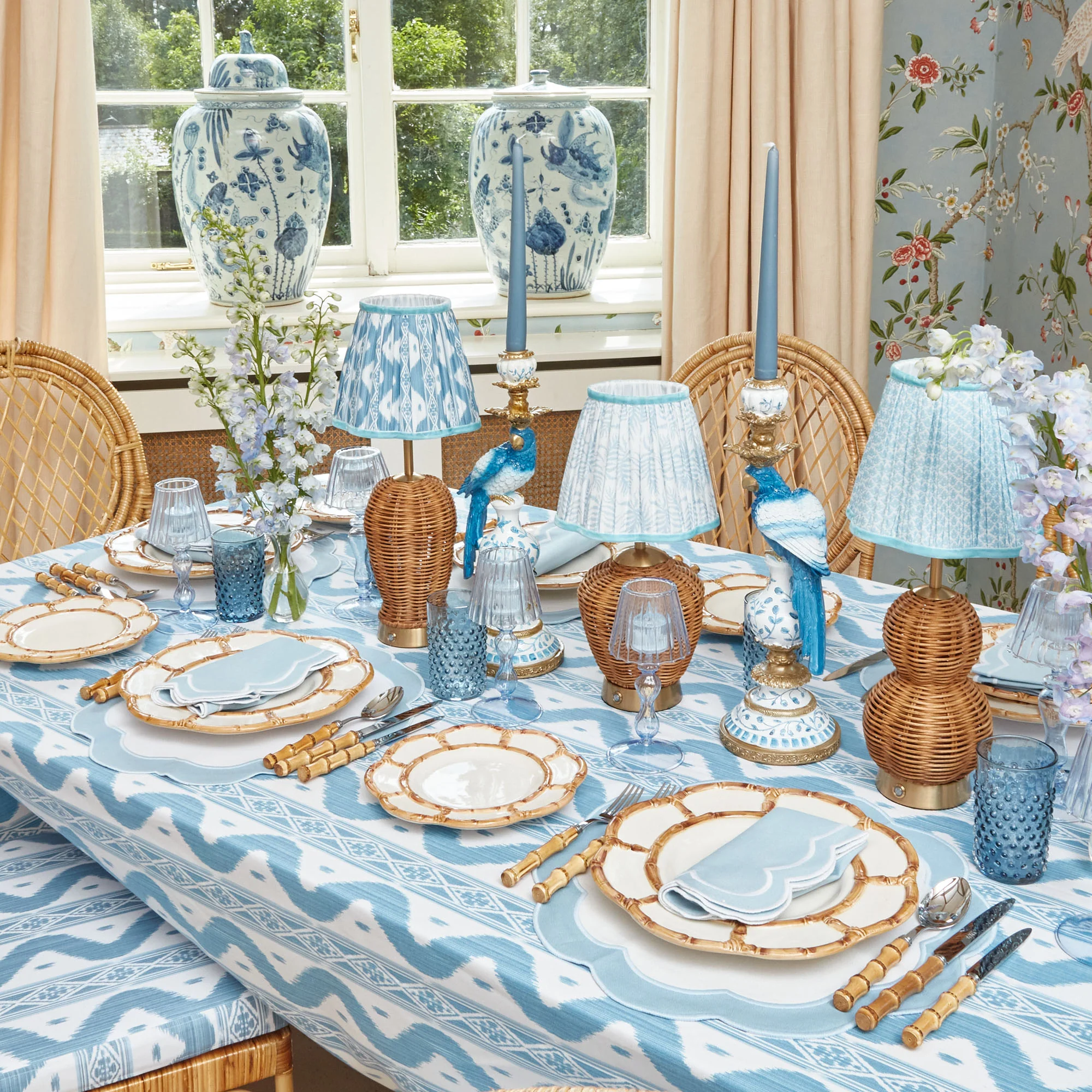 Rattan Bardot Rechargeable Lamp with Blue Ikat Shade (18cm) - Image 3