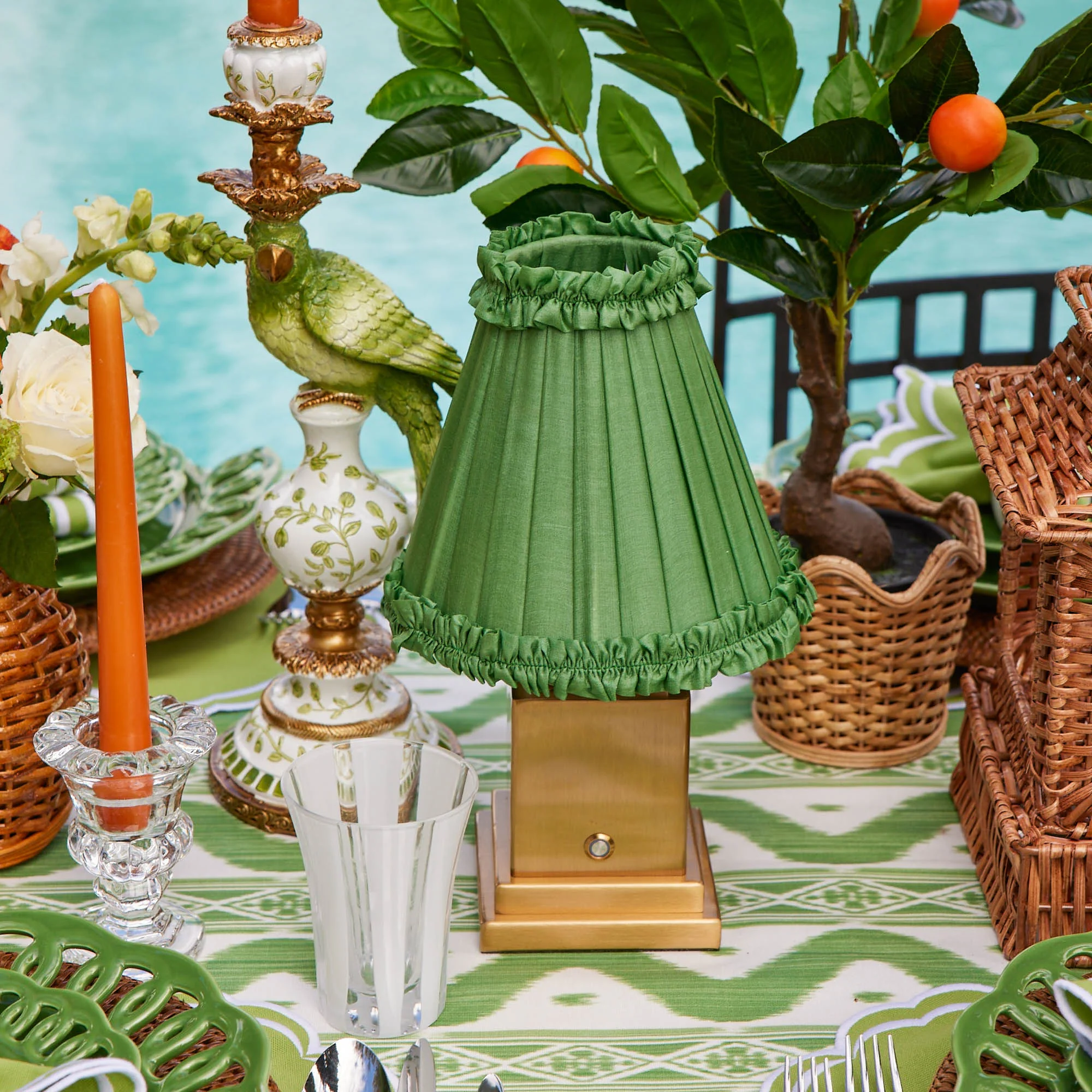 Square Rechargeable Lamp with Green Frilled Shade (18cm) - Image 4