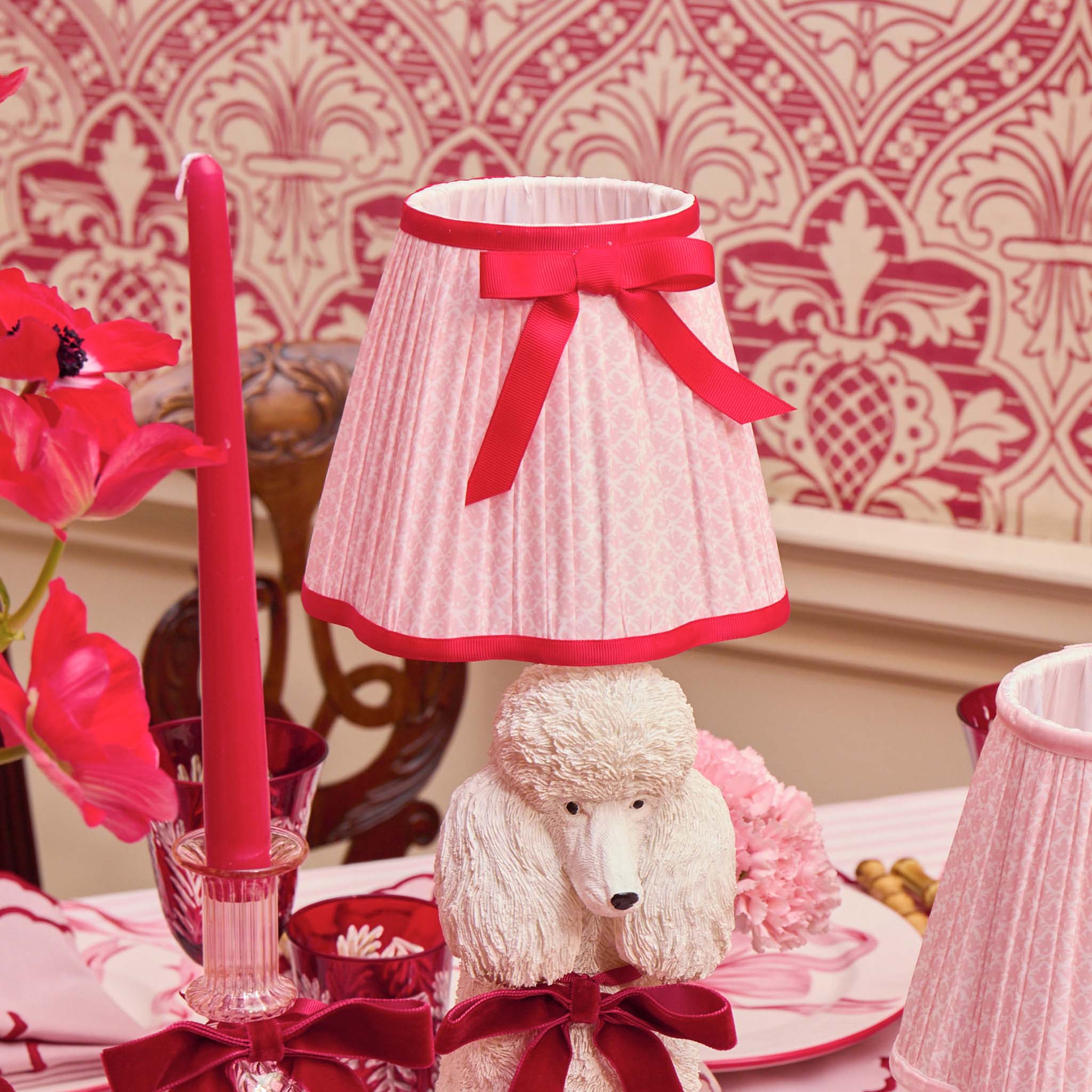Red Ribboned Fifi Poodle Rechargeable Lamp with Pink & Red Lotus Bow Shade (18cm) - Image 9