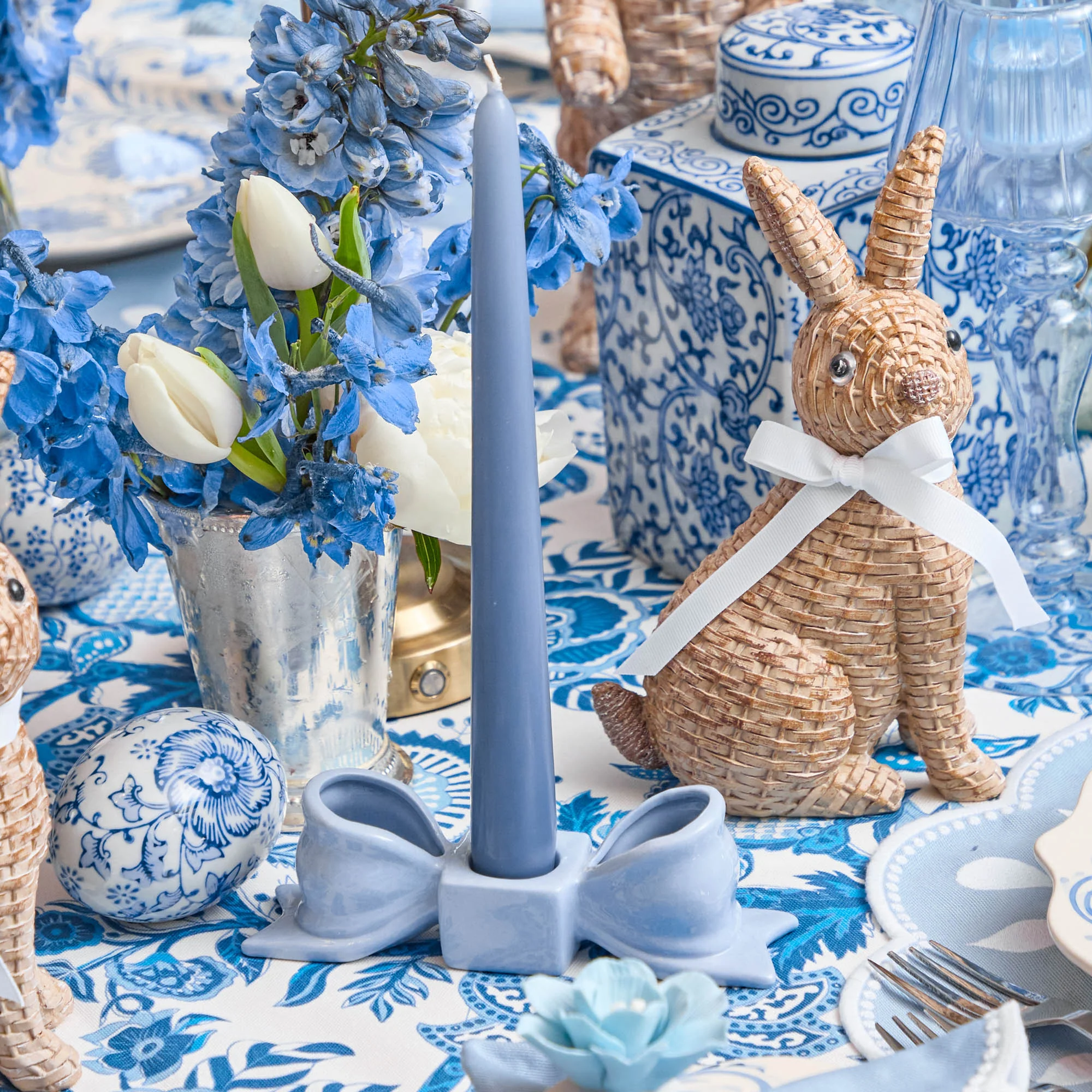 Soft Blue Ceramic Bow Candle Holder (Pair) - Image 7